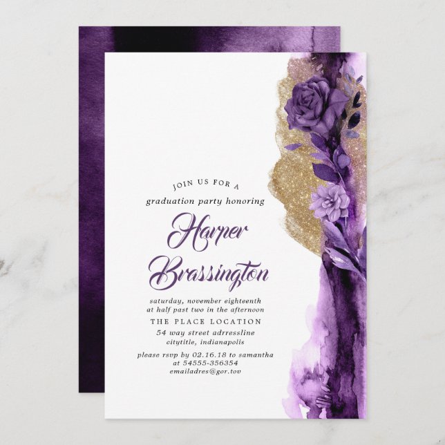 Gold Glitter and Dark Purple Floral Graduation Invitation (Front/Back)