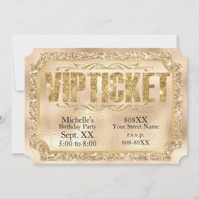 Gold Glitter and Diamonds Ticket Invitation (Front)