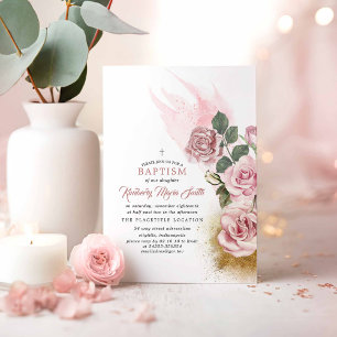 Gold Glitter and Dusty Rose Girls Baptism Invitation