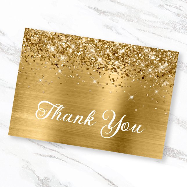 Gold Glitter and Foil 50th Birthday Thank You Card (Glittery Gold Flat Thank You Card)
