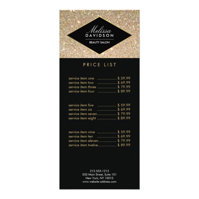 Gold Glitter and Glamour Beauty Rack Card (Front)