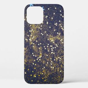 Gold glitter and glittering blue stars on black ba iPhone 12 case