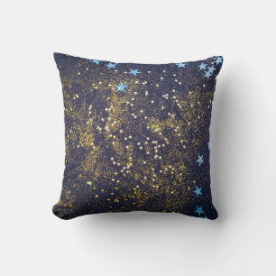 Gold glitter and glittering blue stars on black ba cushion