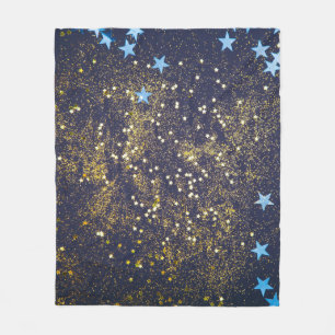 Gold glitter and glittering blue stars on black ba fleece blanket