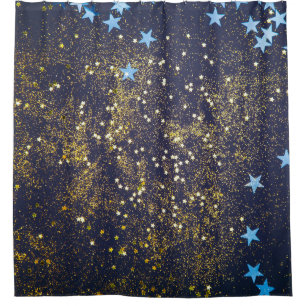 Gold glitter and glittering blue stars on black ba shower curtain