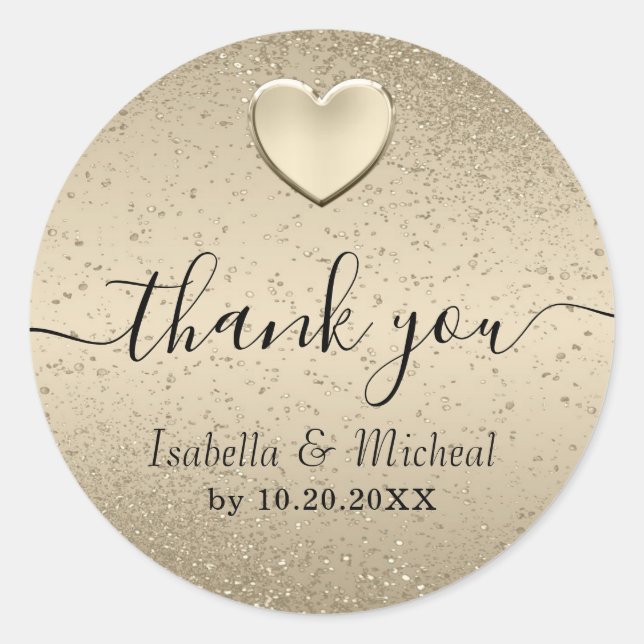  Gold Glitter and Gold Heart - Thank You  Classic Round Sticker (Front)