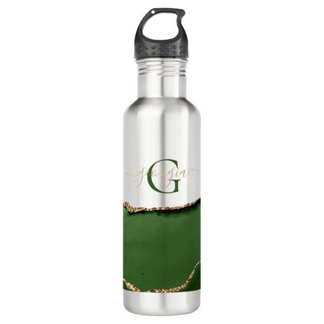 Gold Glitter and Green Agate Monogram 710 Ml Water Bottle (Front)