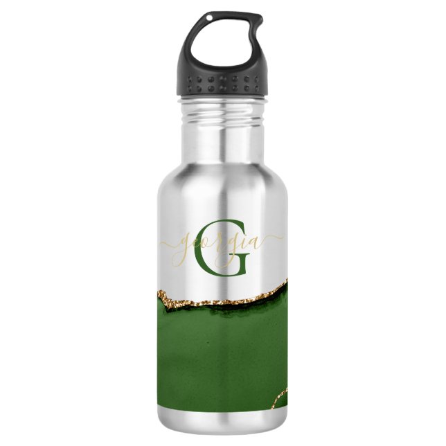 Gold Glitter and Green Agate Monogram 710 Ml Water Bottle (Front)