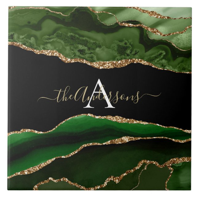 Gold Glitter and Green Agate Monogram Ceramic Tile (Front)
