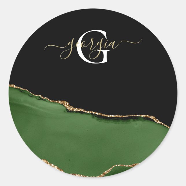 Gold Glitter and Green Agate Monogram Classic Round Sticker (Front)