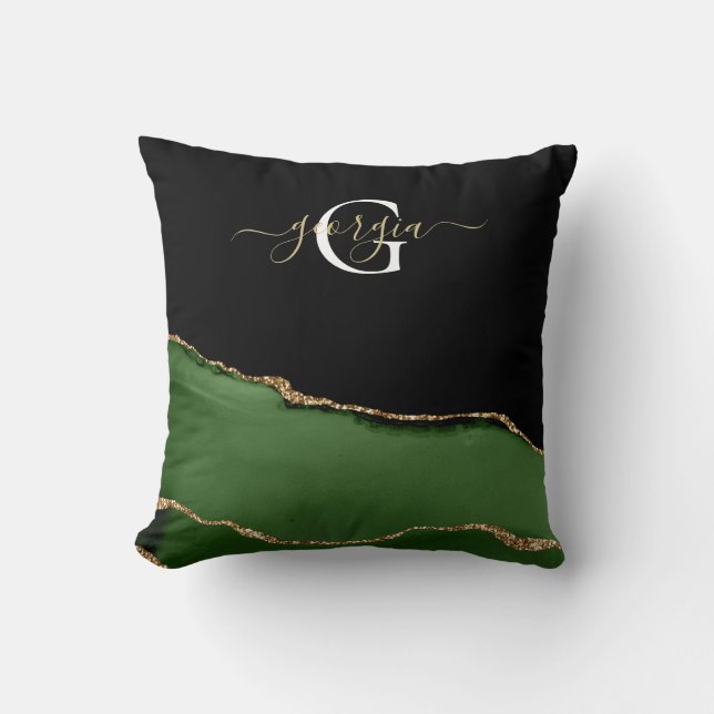 Gold Glitter and Green Agate Monogram Cushion (Front)