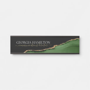 Gold Glitter and Green Agate Monogram Door Sign