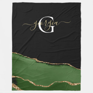 Gold Glitter and Green Agate Monogram Fleece Blanket