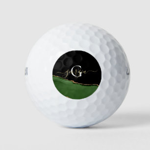Gold Glitter and Green Agate Monogram Golf Balls