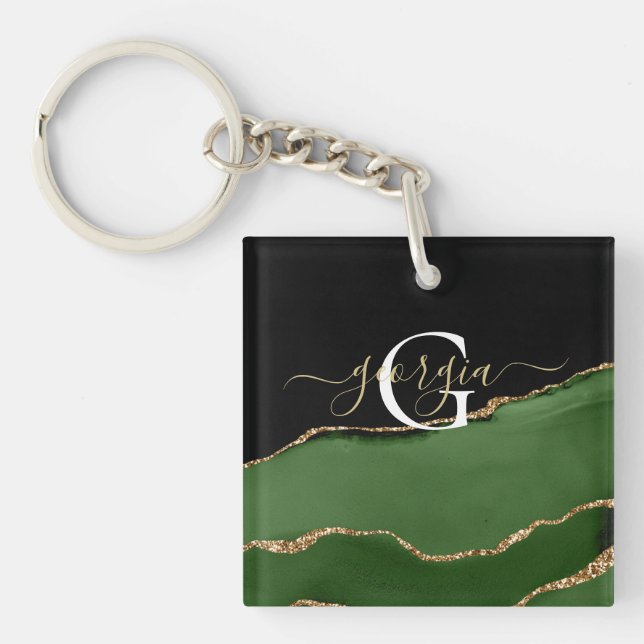 Gold Glitter and Green Agate Monogram Key Ring (Front)