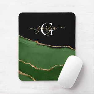 Gold Glitter and Green Agate Monogram Mouse Pad