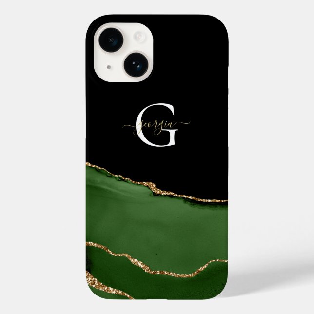 Gold Glitter and Green Agate Monogram Name Case-Mate iPhone Case (Back)