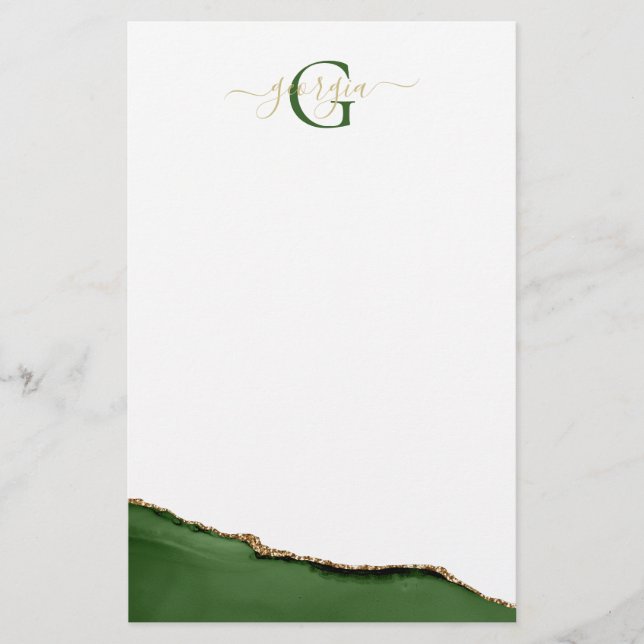 Gold Glitter and Green Agate Monogram Name Stationery (Front)