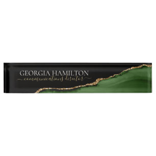 Gold Glitter and Green Agate Monogram Nameplate