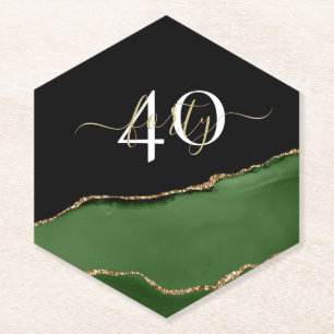 Gold Glitter and Green Agate Monogram Paper Coaster