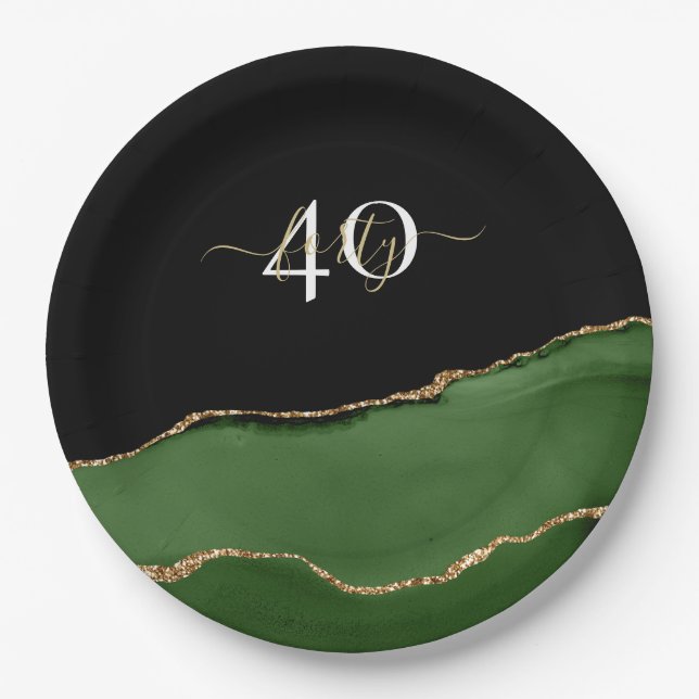 Gold Glitter and Green Agate Monogram Paper Plate (Front)