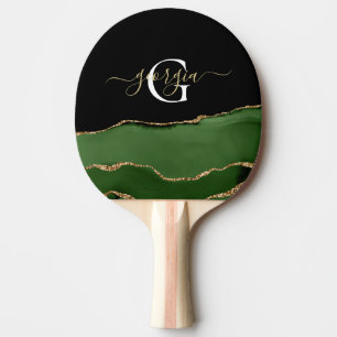 Gold Glitter and Green Agate Monogram Ping Pong Paddle