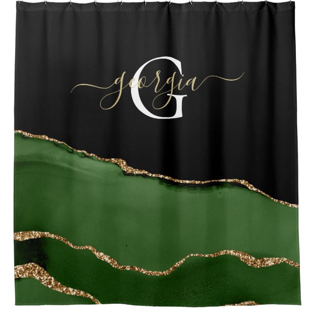Gold Glitter and Green Agate Monogram Shower Curtain (Front)