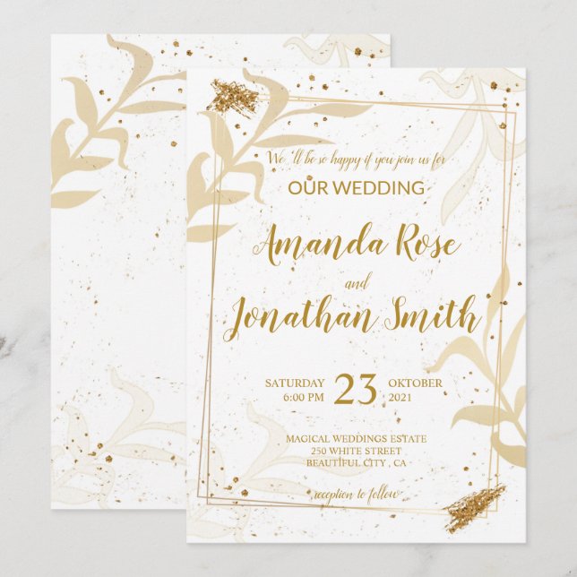 Gold glitter and leaves on white with white back invitation (Front/Back)