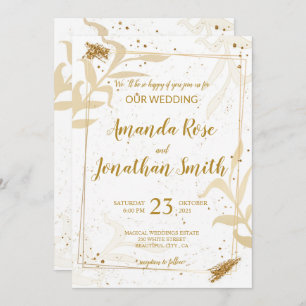 Gold glitter and leaves on white with white back invitation