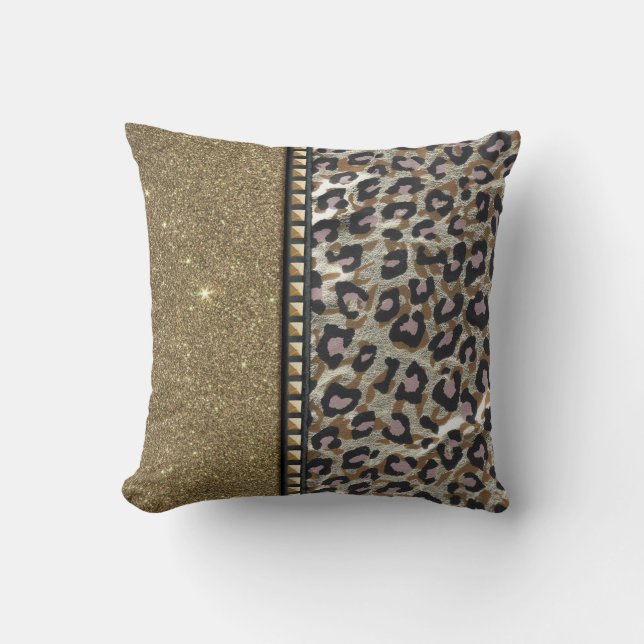 Gold Glitter and Leopard Print with Gold Studs Cushion (Front)