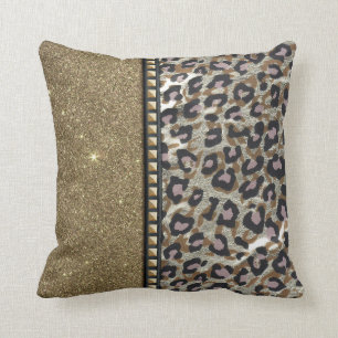 Gold Glitter and Leopard Print with Gold Studs Cushion