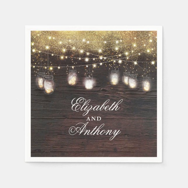 Gold Glitter and Mason Jar Lights Rustic Napkin (Front)