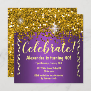 Gold Glitter and Metallic Purple 40th Birthday Invitation