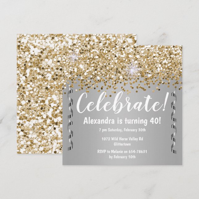 Gold Glitter and Metallic Silver 40th Birthday Invitation (Front/Back)