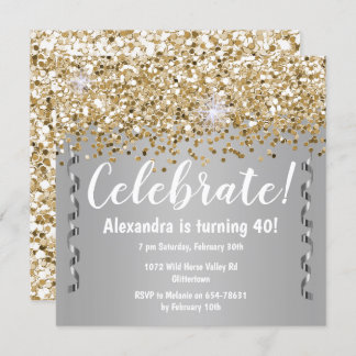 Gold Glitter and Metallic Silver 40th Birthday Invitation