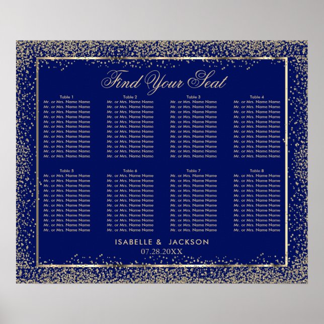 Gold Glitter and  Navy Blue - 8 Seating Chart (Front)