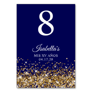 Gold Glitter and Navy Blue Mis XV Anos Table Number