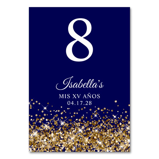 Gold Glitter and Navy Blue Mis XV Anos Table Number (Front)