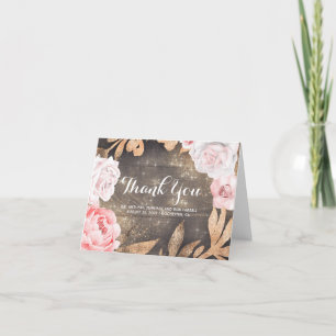 Gold Glitter and Pink Flowers Wedding Thank You