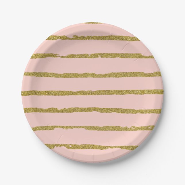 Gold Glitter and Pink Modern Lines Pattern Paper Plate (Front)