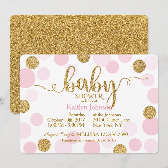Gold Glitter and Pink Scattered Dots Baby Shower Invitation (Front/Back)