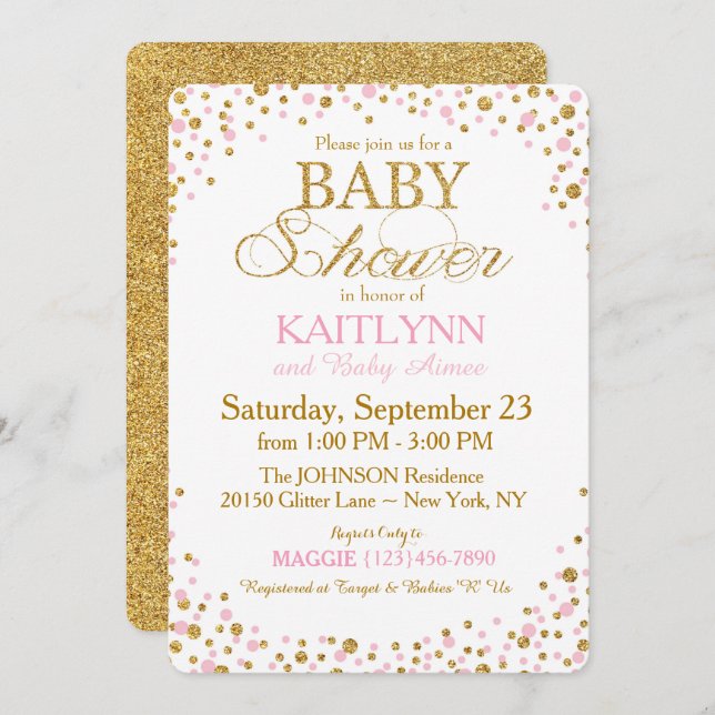 Gold Glitter and Pink Sprinkle Baby Shower Invitation (Front/Back)