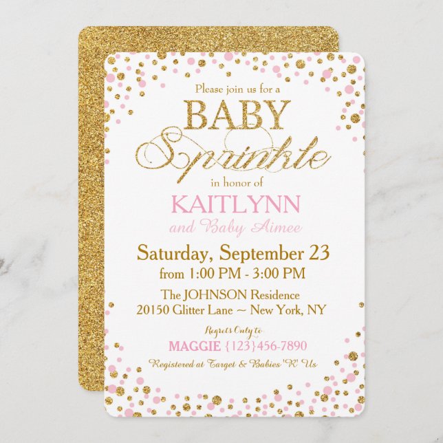 Gold Glitter and Pink Sprinkle Baby Shower Invitation (Front/Back)