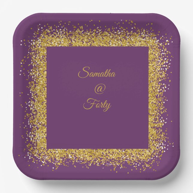 Gold glitter and purple 40th birthday Paper Plate (Front)