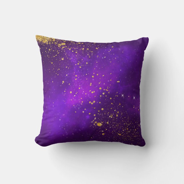 Gold Glitter and Purple Galaxy Throw Pillow (Front)