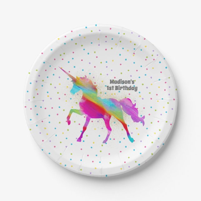 Gold Glitter and Rainbow Unicorn Birthday Party Paper Plate (Front)
