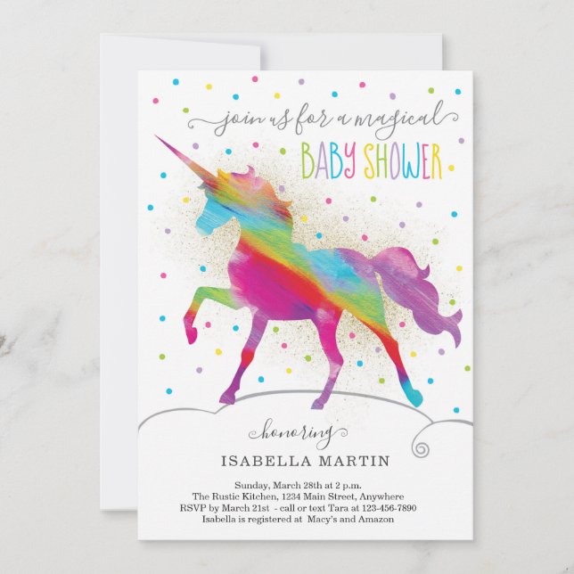 Gold Glitter and Rainbow Unicorn Girls Baby Shower Invitation (Front)