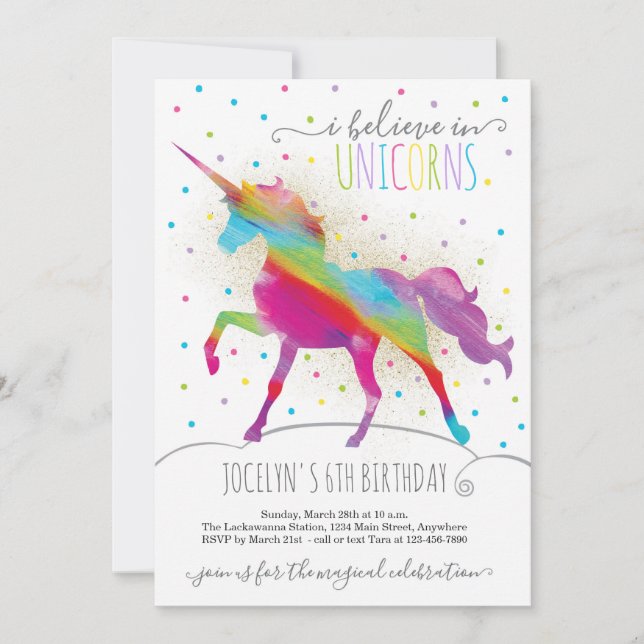 Gold Glitter and Rainbow Unicorn Invitation (Front)