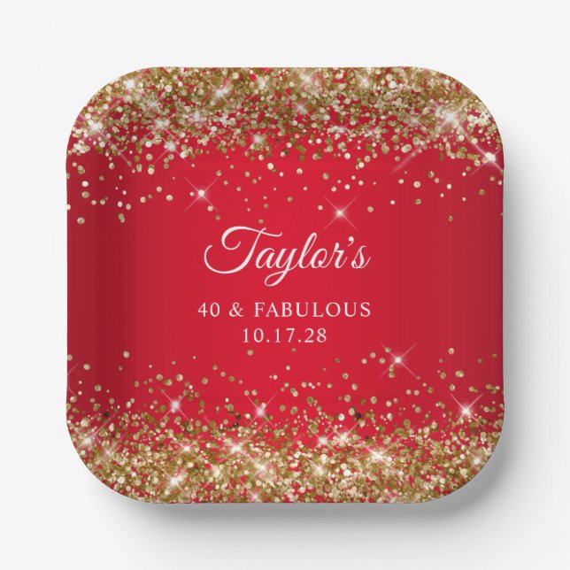 Gold Glitter and Red 40 & Fabulous Paper Plate (Front)