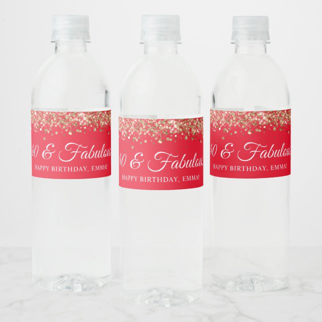 Gold Glitter and Red 40 & Fabulous Water Bottle Label (Bottles)